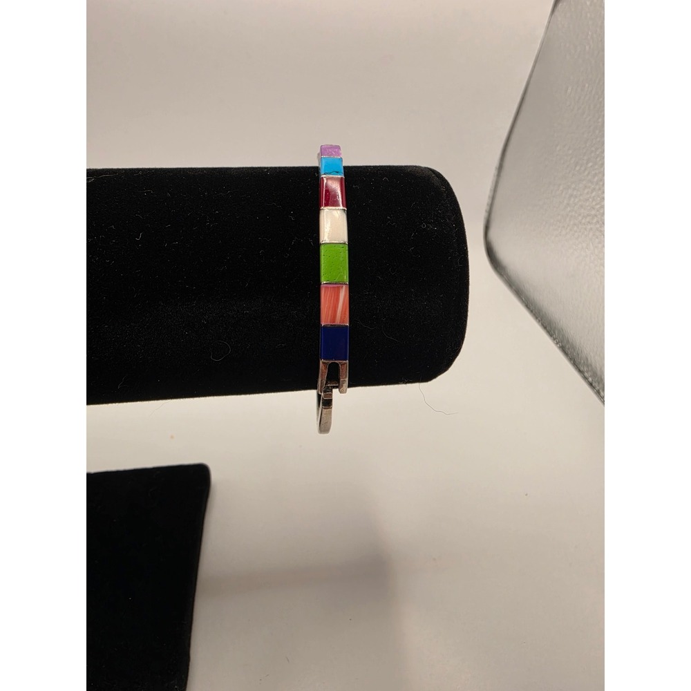 Mexico Silver Multi Color Stone Inlay Hinged Bangle Bracelet Southwestern 6.25in